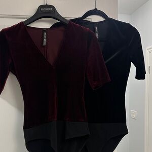 Velvet V-Neck Bodysuit in Burgundy and Black